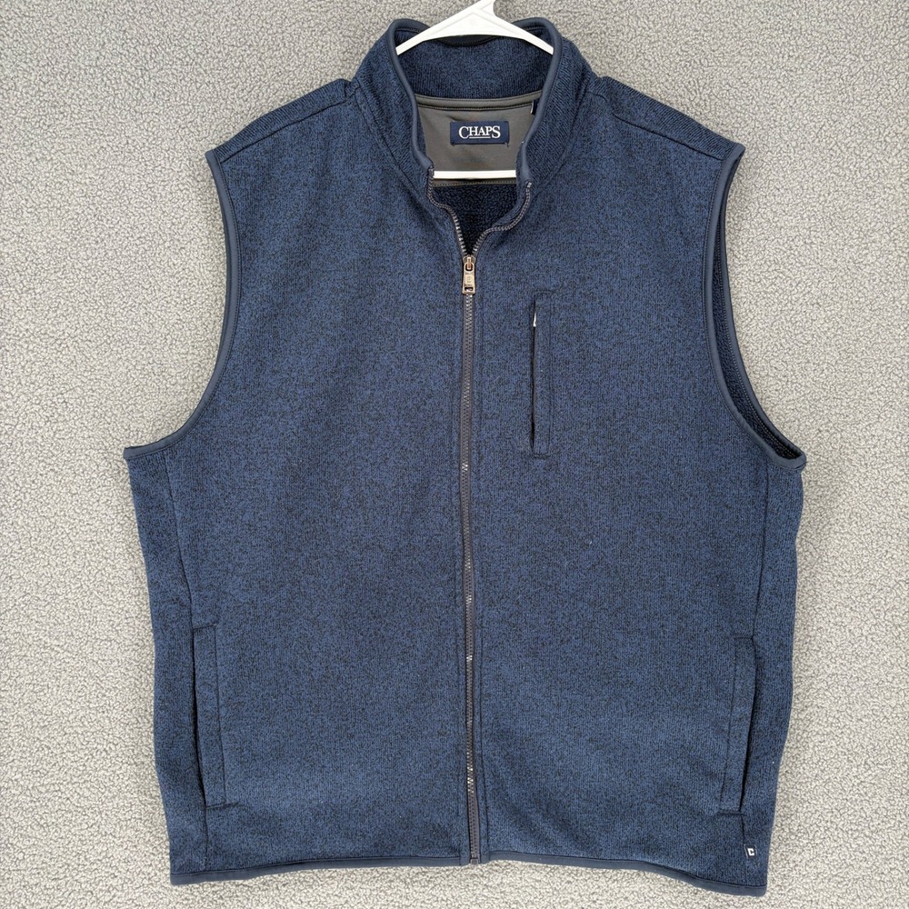 Chaps Mens XXL Blue Heathered Sweater Fleece Full Zip Vest Mock Neck Pockets